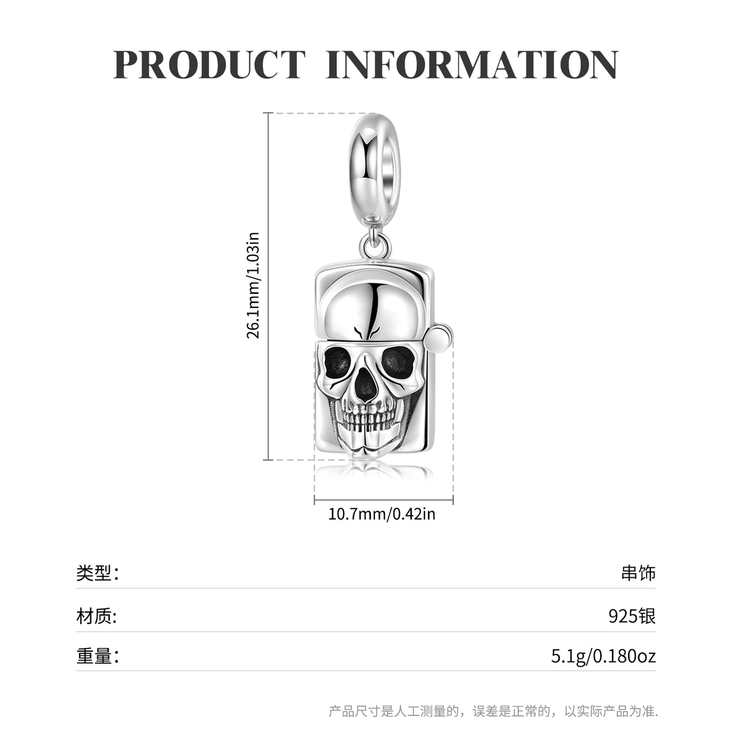 S925 Sterling Silver Skull Lighter Dangle Charm Gothic Pendant Bead For DIY Charm Bracelet Necklace Jewelry Gift