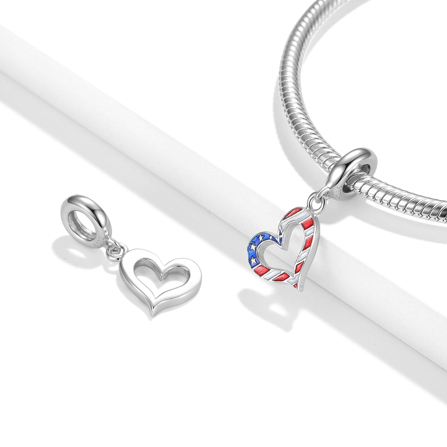 American Heart Charm 925 Sterling Silver Color Enamel Pendant Bead For DIY Charm Bracelet Necklace Patriotic Jewelry Gift