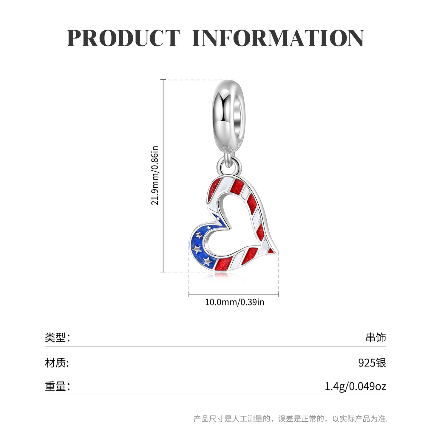 American Heart Charm 925 Sterling Silver Color Enamel Pendant Bead For DIY Charm Bracelet Necklace Patriotic Jewelry Gift