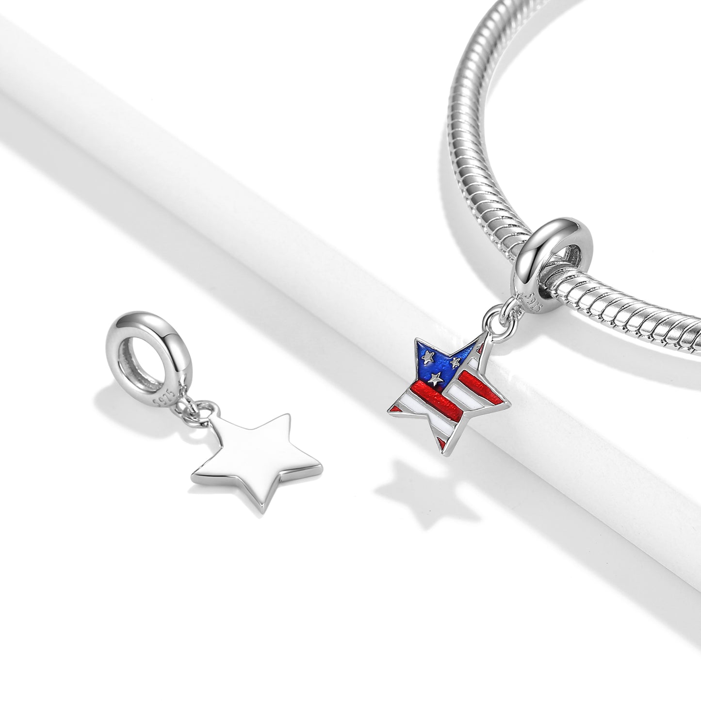 American Star Charm 925 Sterling Silver Color Enamel Pendant Bead For DIY Charm Bracelet Necklace Patriotic Jewelry Gift