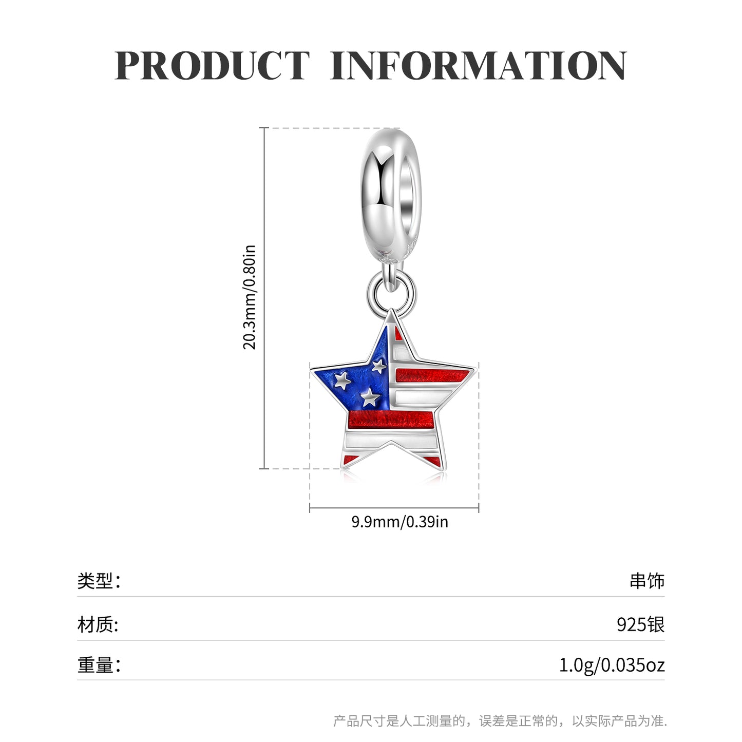 American Star Charm 925 Sterling Silver Color Enamel Pendant Bead For DIY Charm Bracelet Necklace Patriotic Jewelry Gift