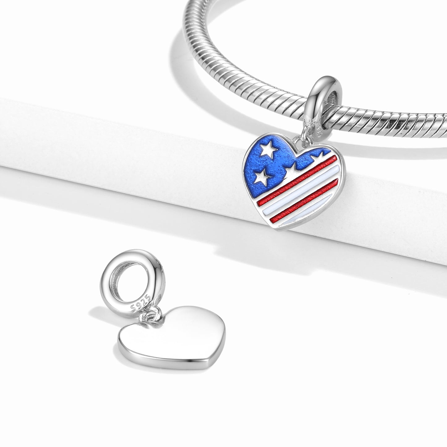 American Flag Heart Charm 925 Sterling Silver Enamel Pendant Bead For DIY Charm Bracelet Necklace Patriotic Jewelry Gift
