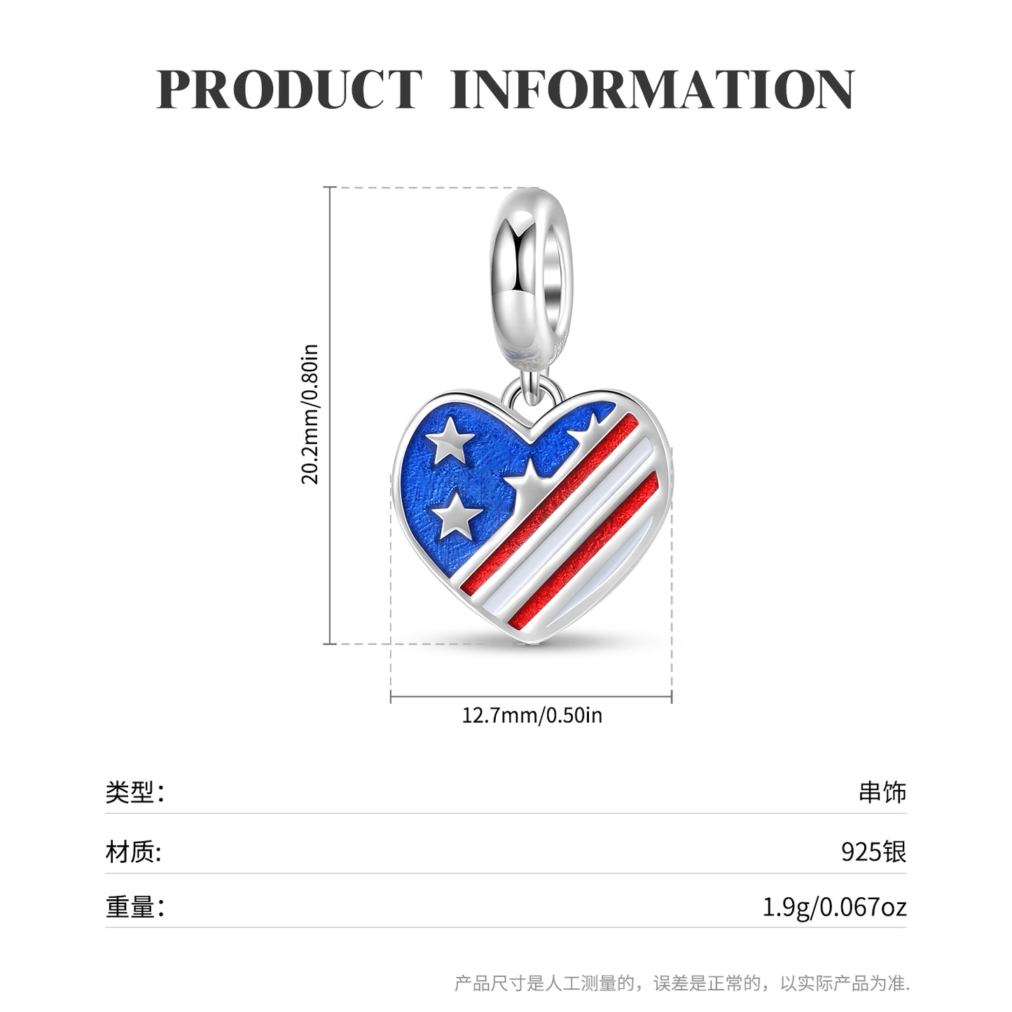 American Flag Heart Charm 925 Sterling Silver Enamel Pendant Bead For DIY Charm Bracelet Necklace Patriotic Jewelry Gift