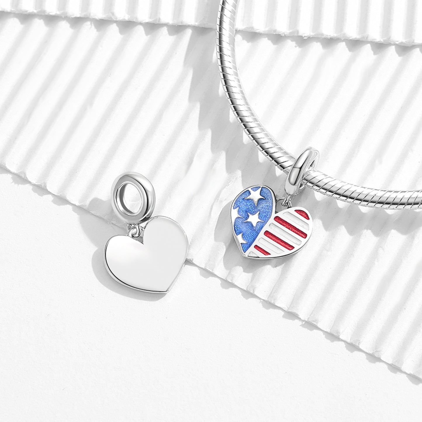 USA Flag Heart Charm 925 Sterling Silver Enamel Pendant Bead For DIY Charm Bracelet Necklace Patriotic Jewelry Gift