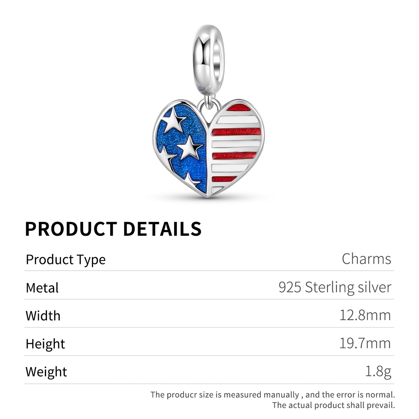 USA Flag Heart Charm 925 Sterling Silver Enamel Pendant Bead For DIY Charm Bracelet Necklace Patriotic Jewelry Gift