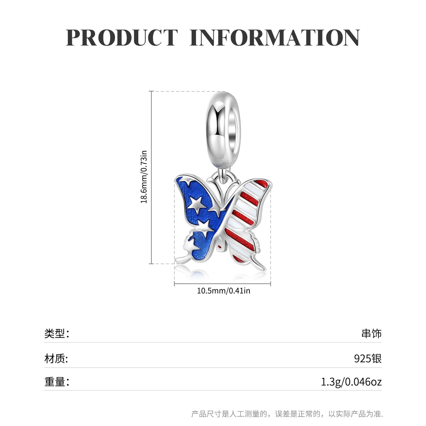 American Butterfly Charm 925 Sterling Silver Enamel Pendant Bead For DIY Charm Bracelet Necklace Fashion Jewelry Gift