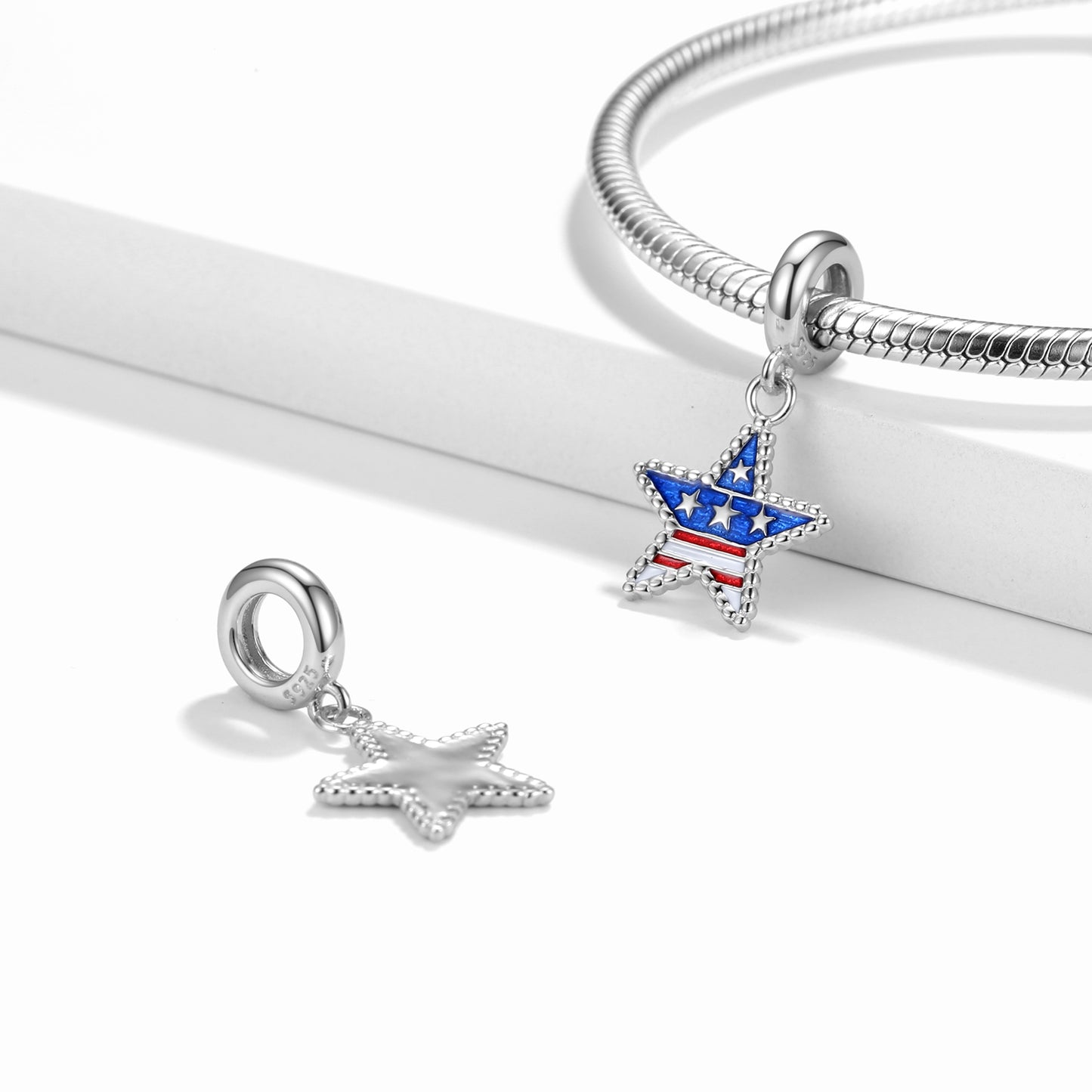 American Star Charm 925 Sterling Silver Enamel Pendant Bead For DIY Charm Bracelet Necklace Patriotic Jewelry Gift