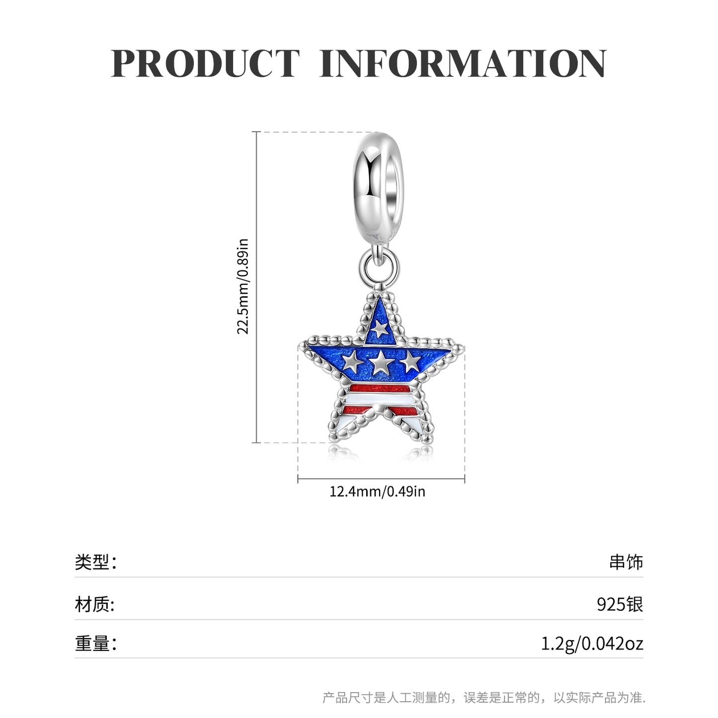 American Star Charm 925 Sterling Silver Enamel Pendant Bead For DIY Charm Bracelet Necklace Patriotic Jewelry Gift