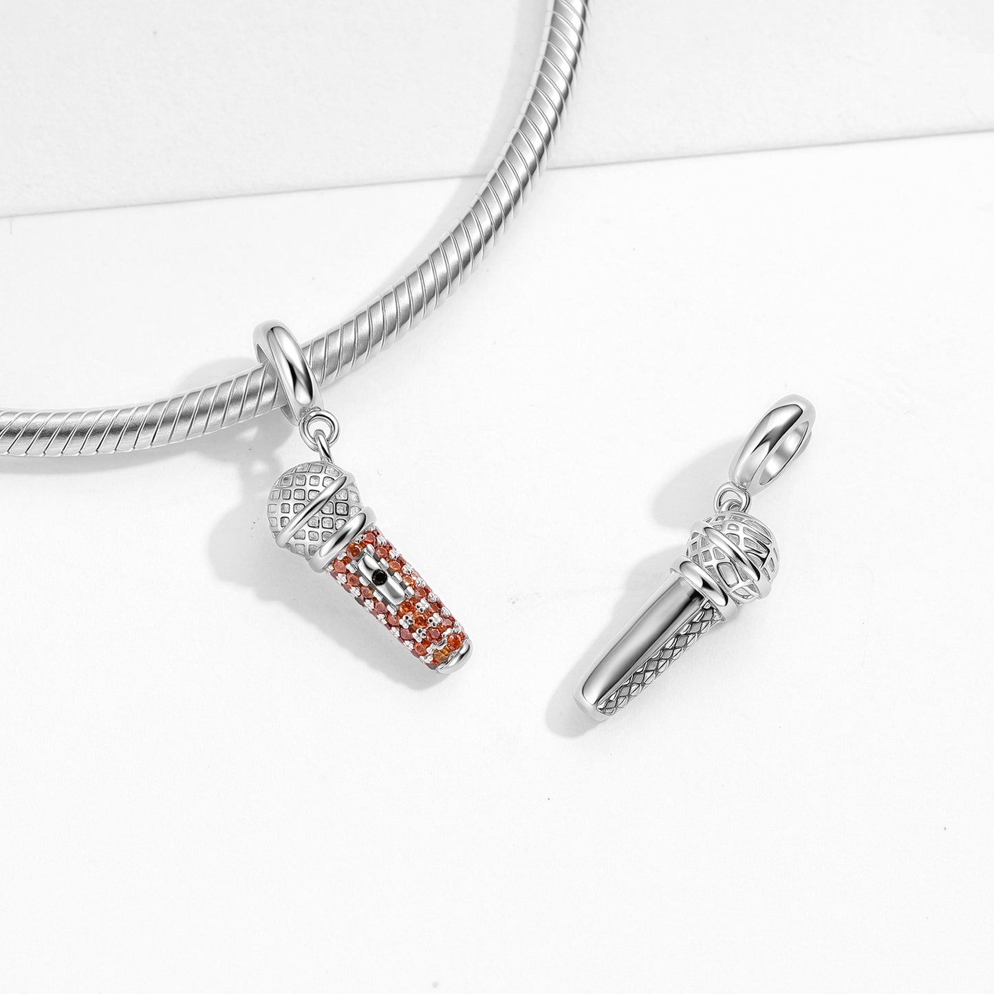 Microphone Charm 925 Sterling Silver Pave Stone Pendant Bead For DIY Charm Bracelet Necklace Music Jewelry Gift