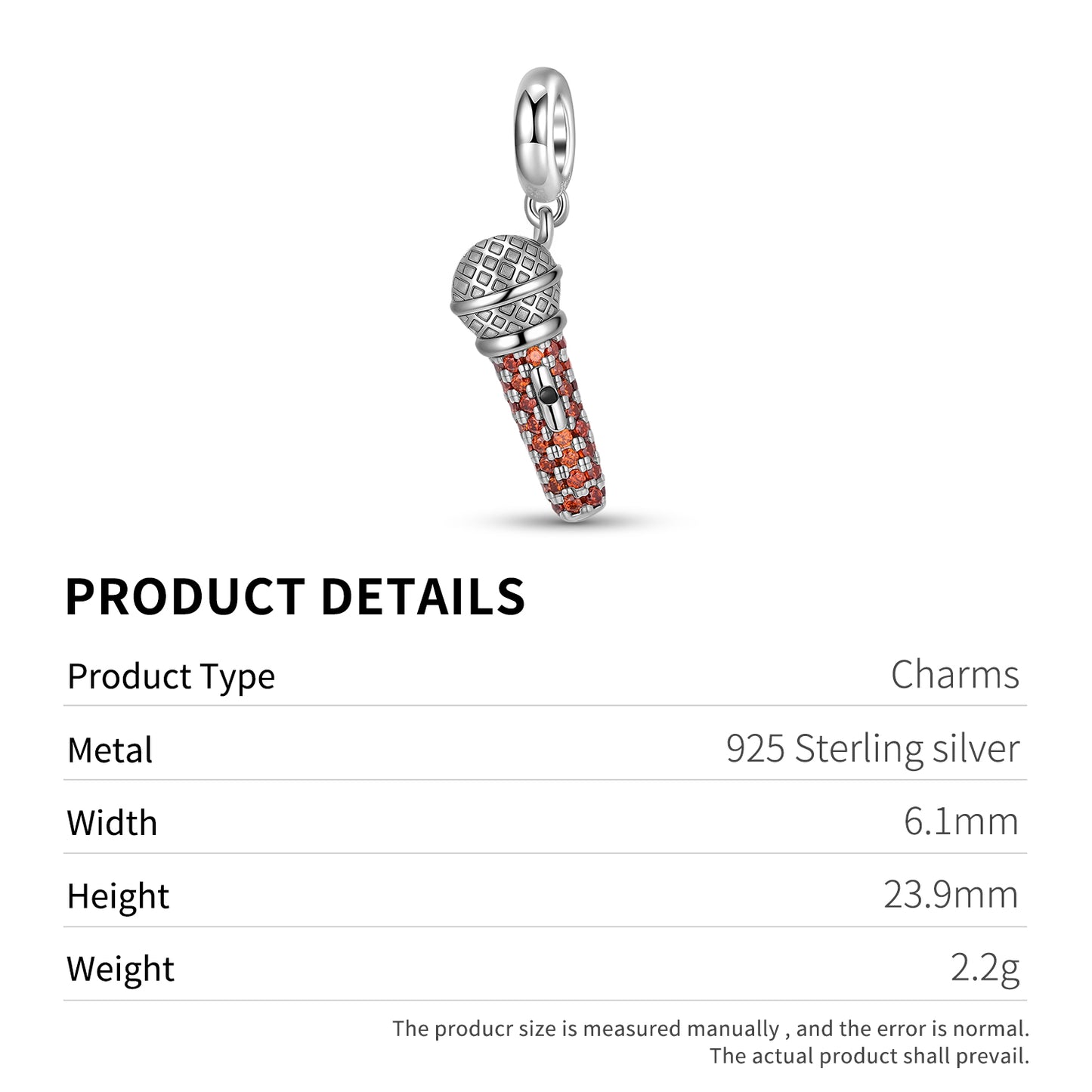 Microphone Charm 925 Sterling Silver Pave Stone Pendant Bead For DIY Charm Bracelet Necklace Music Jewelry Gift