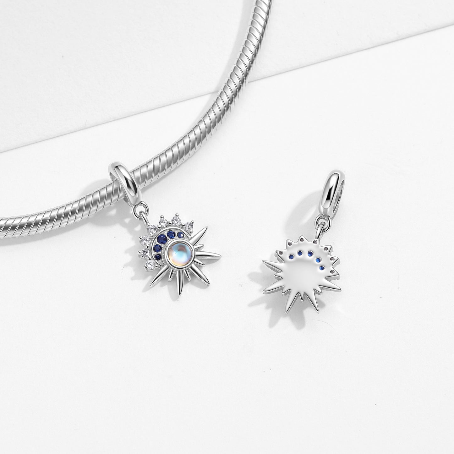 Eight Point Star Charm 925 Sterling Silver Moonstone Pendant Bead For DIY Charm Bracelet Necklace Celestial Jewelry Gift