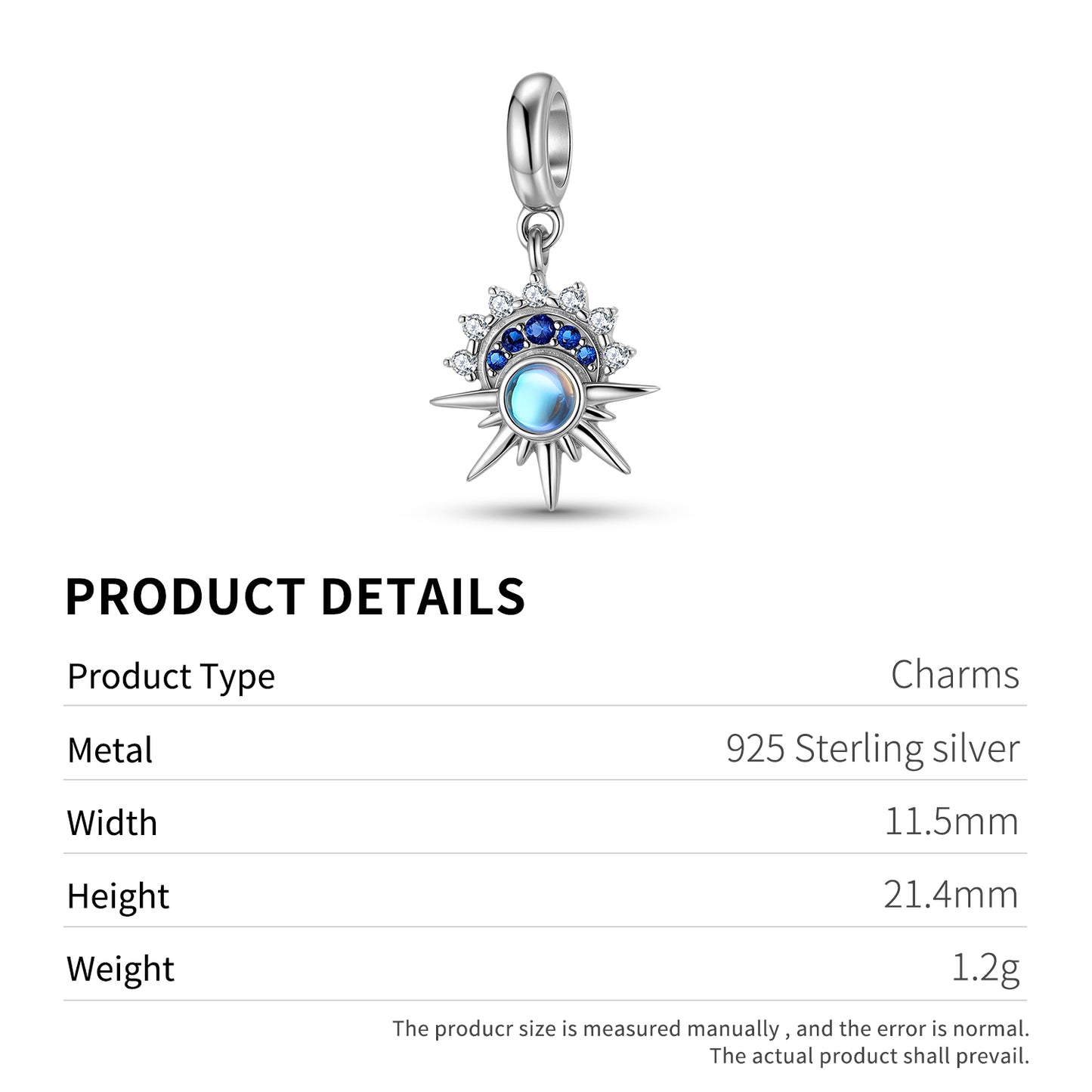 Eight Point Star Charm 925 Sterling Silver Moonstone Pendant Bead For DIY Charm Bracelet Necklace Celestial Jewelry Gift