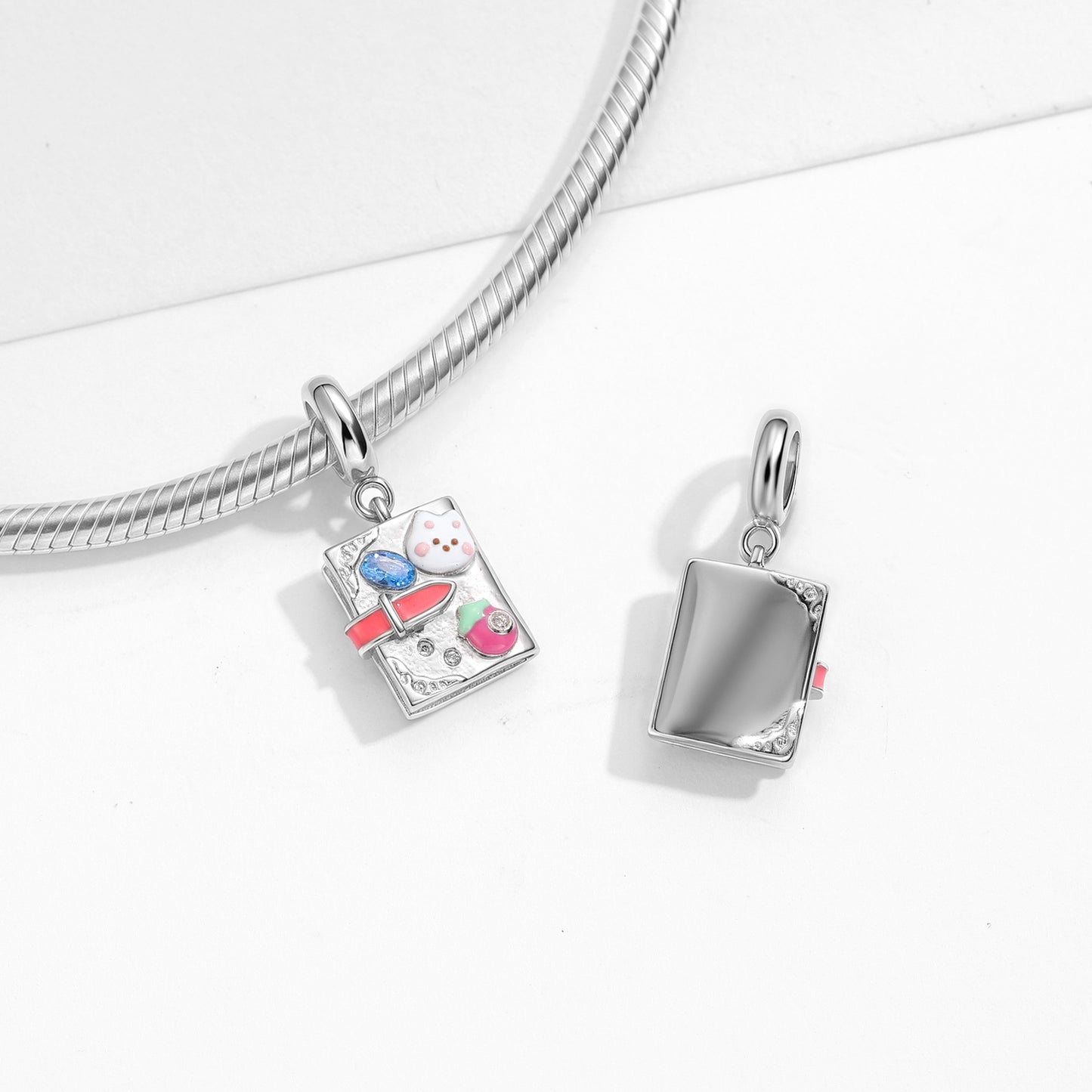 Rabbit Notebook Charm 925 Sterling Silver Enamel Pendant Bead For DIY Charm Bracelet Necklace Cute Jewelry Gift