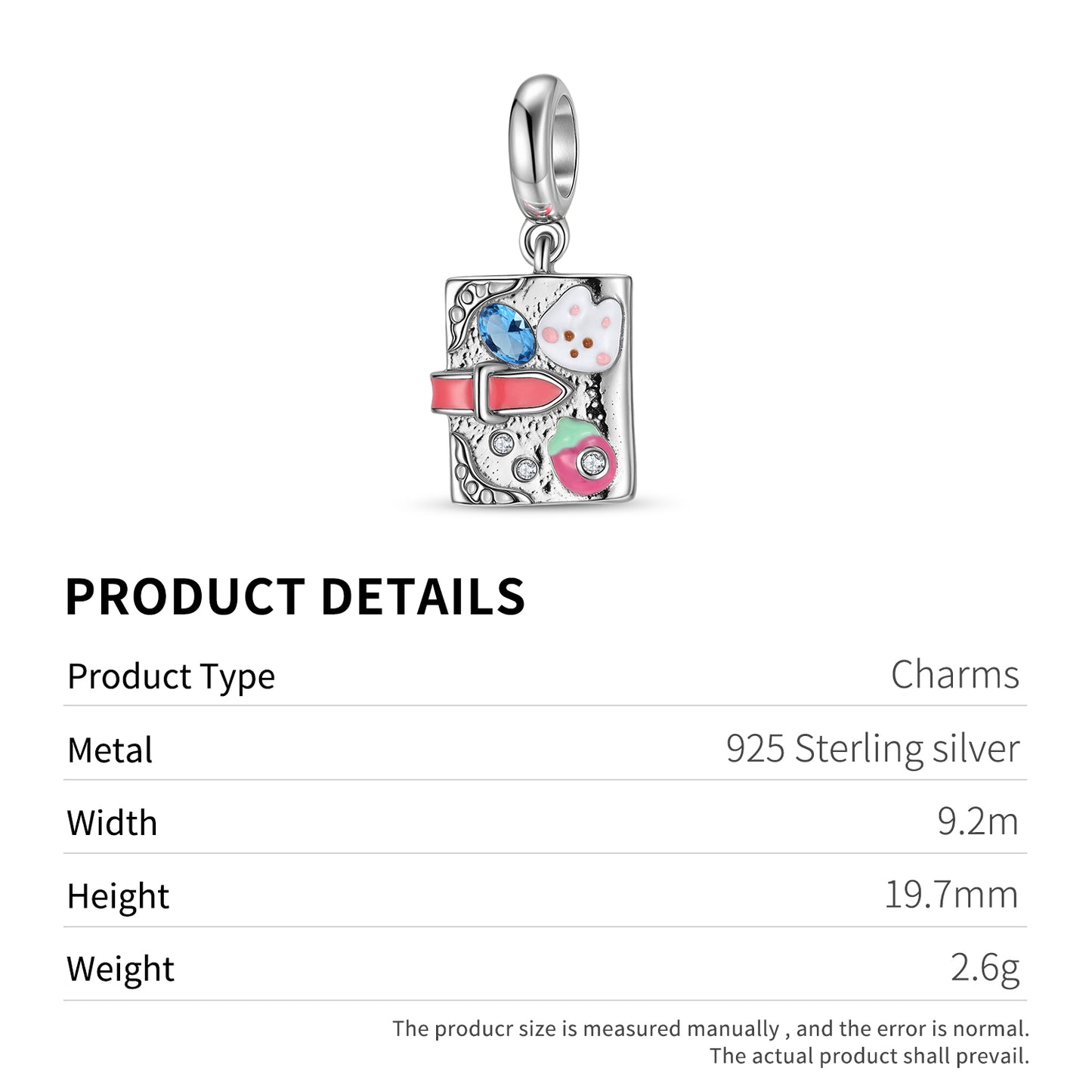 Rabbit Notebook Charm 925 Sterling Silver Enamel Pendant Bead For DIY Charm Bracelet Necklace Cute Jewelry Gift