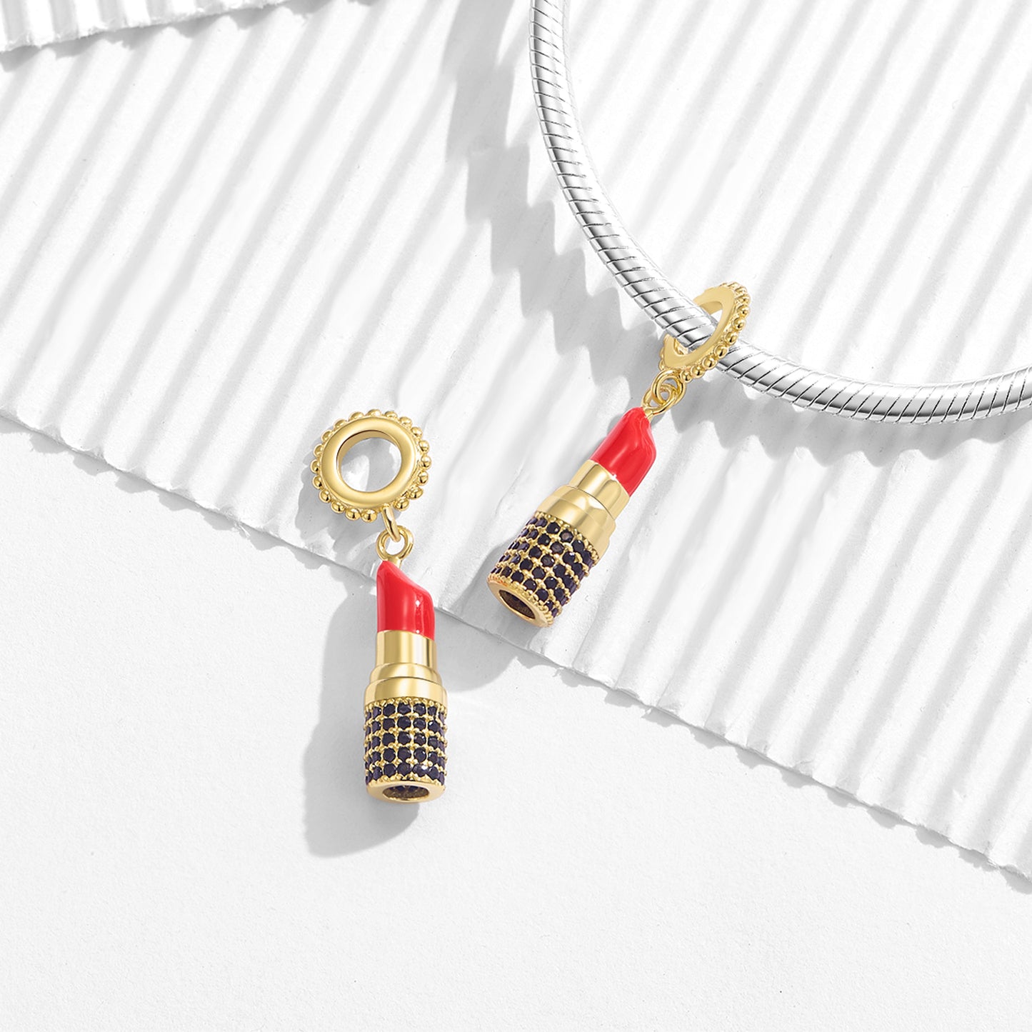 Gold Lipstick Charm 925 Sterling Silver 14K Gold Plated Pendant Bead For DIY Charm Bracelet Necklace Beauty Jewelry Gift