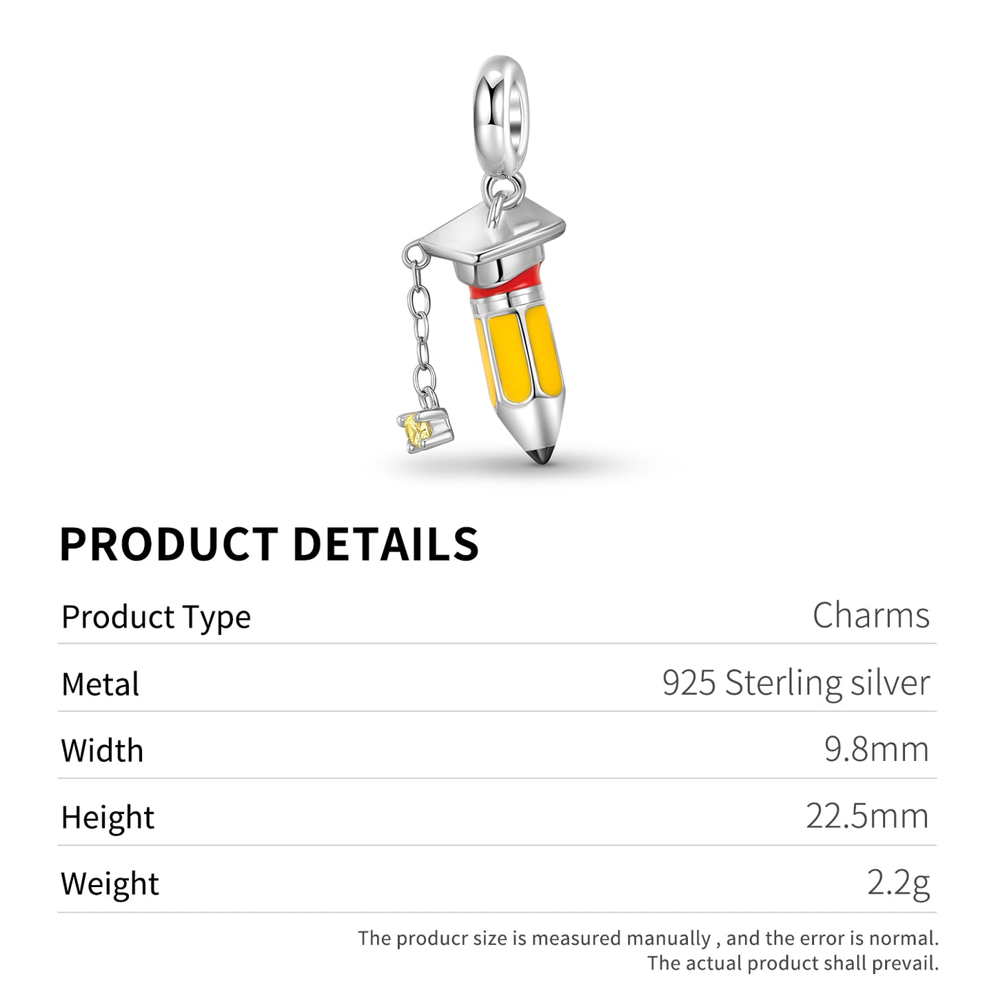 Graduation Cap Pencil Charm 925 Sterling Silver Enamel Pendant Bead For DIY Charm Bracelet Necklace Graduation Jewelry Gift