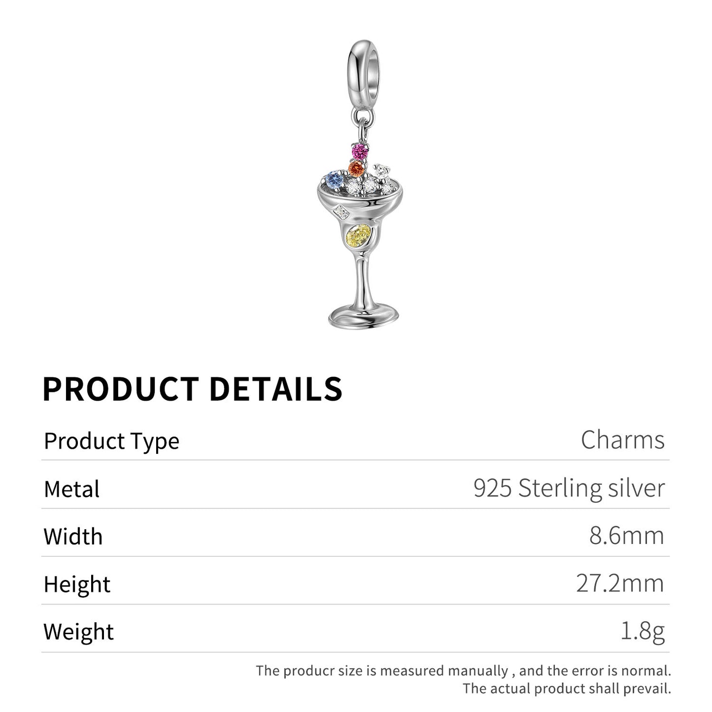 Champagne Cocktail Charm 925 Sterling Silver Stone Pendant Bead For DIY Charm Bracelet Necklace Party Jewelry Gift
