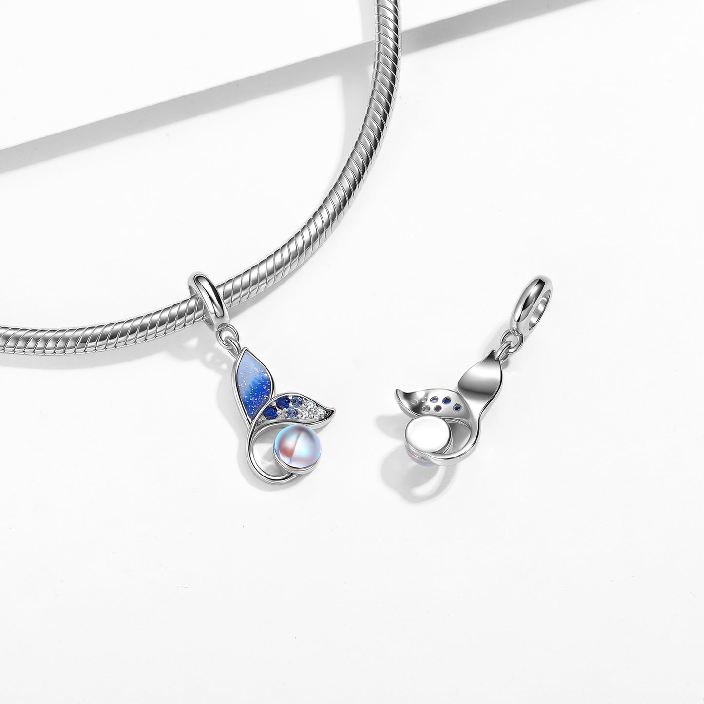 Blue Mermaid Tail Charm 925 Sterling Silver Moonstone Pendant Bead For DIY Charm Bracelet Necklace Ocean Jewelry Gift