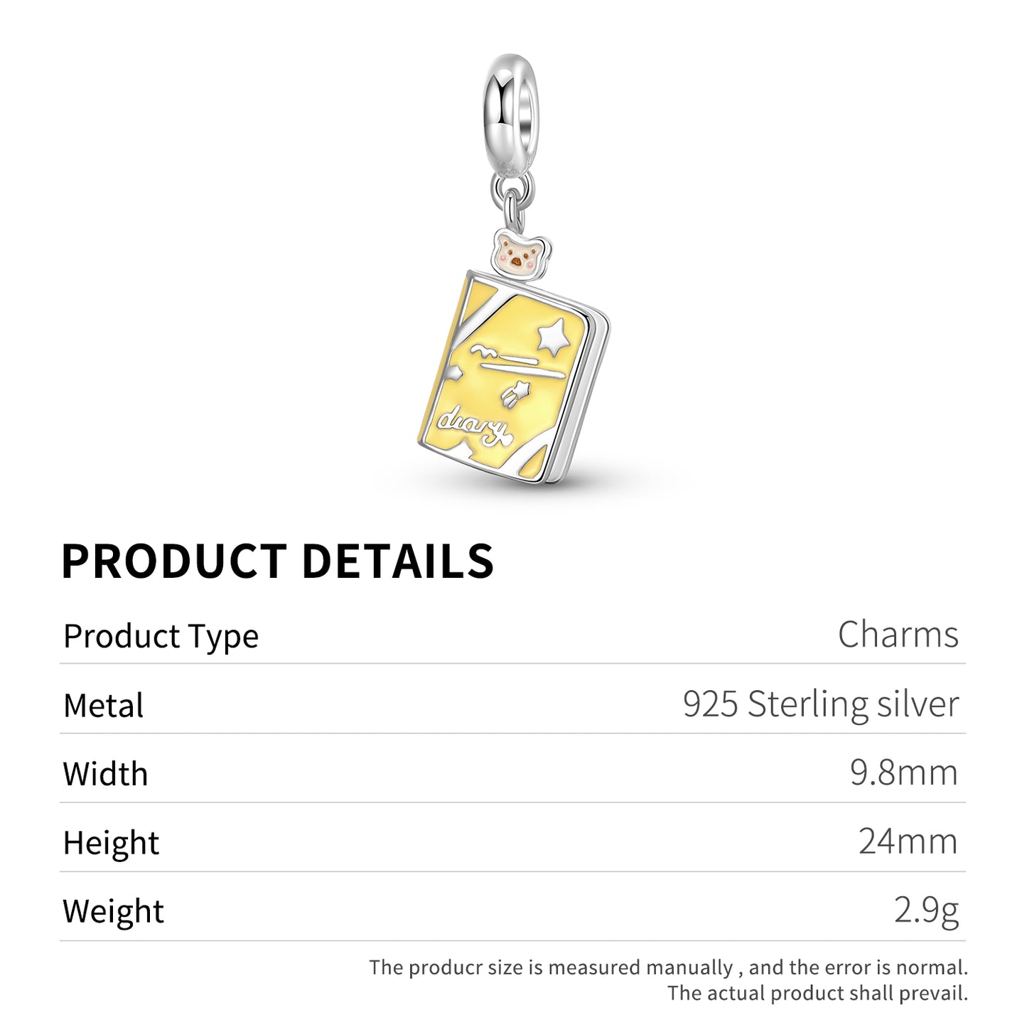 Bear Notebook Charm 925 Sterling Silver Pendant Bead For DIY Charm Bracelet Necklace Cute Jewelry Gift