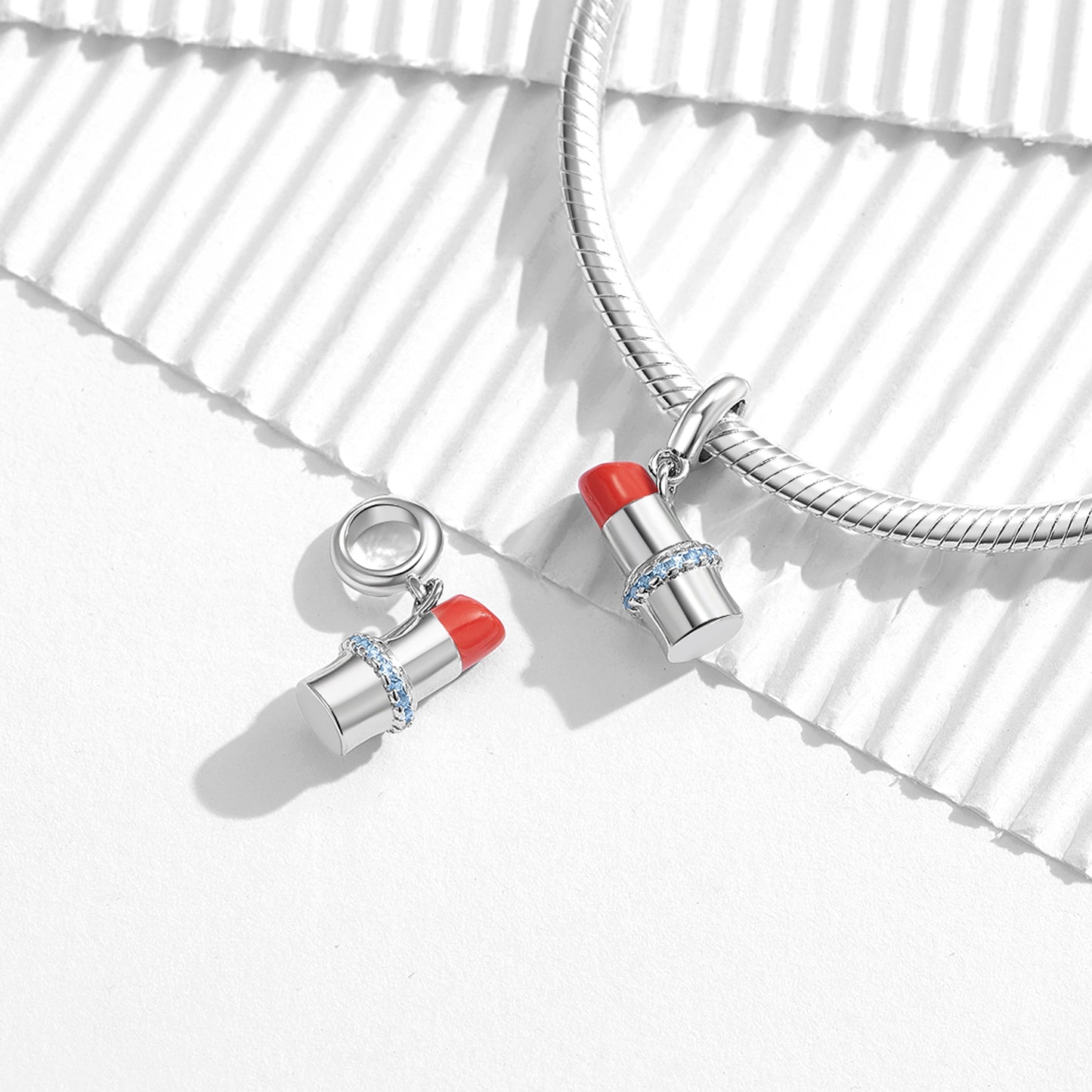 Silver Lipstick Charm 925 Sterling Silver Stone Enamel Pendant Bead For DIY Charm Bracelet Necklace Beauty Jewelry Gift
