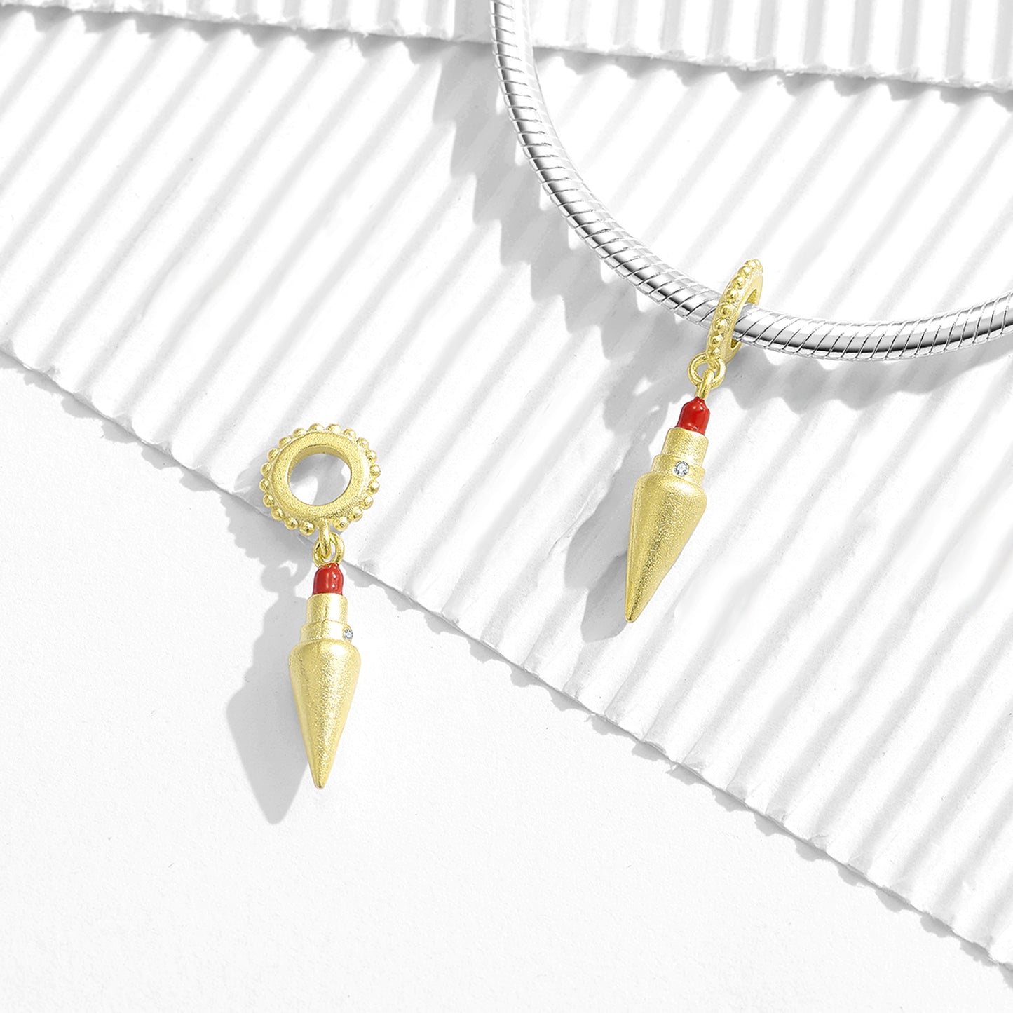 Luxury Lipstick Charm 925 Sterling Silver 14K Gold Plated Pendant Bead For DIY Charm Bracelet Necklace Beauty Jewelry Gift