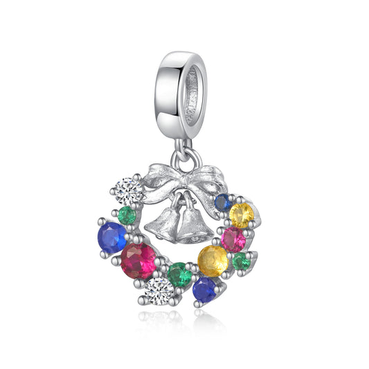 Christmas Wreath Bell Charm 925 Sterling Silver Pendant Bead For DIY Charm Bracelet Necklace Holiday Jewelry Gift