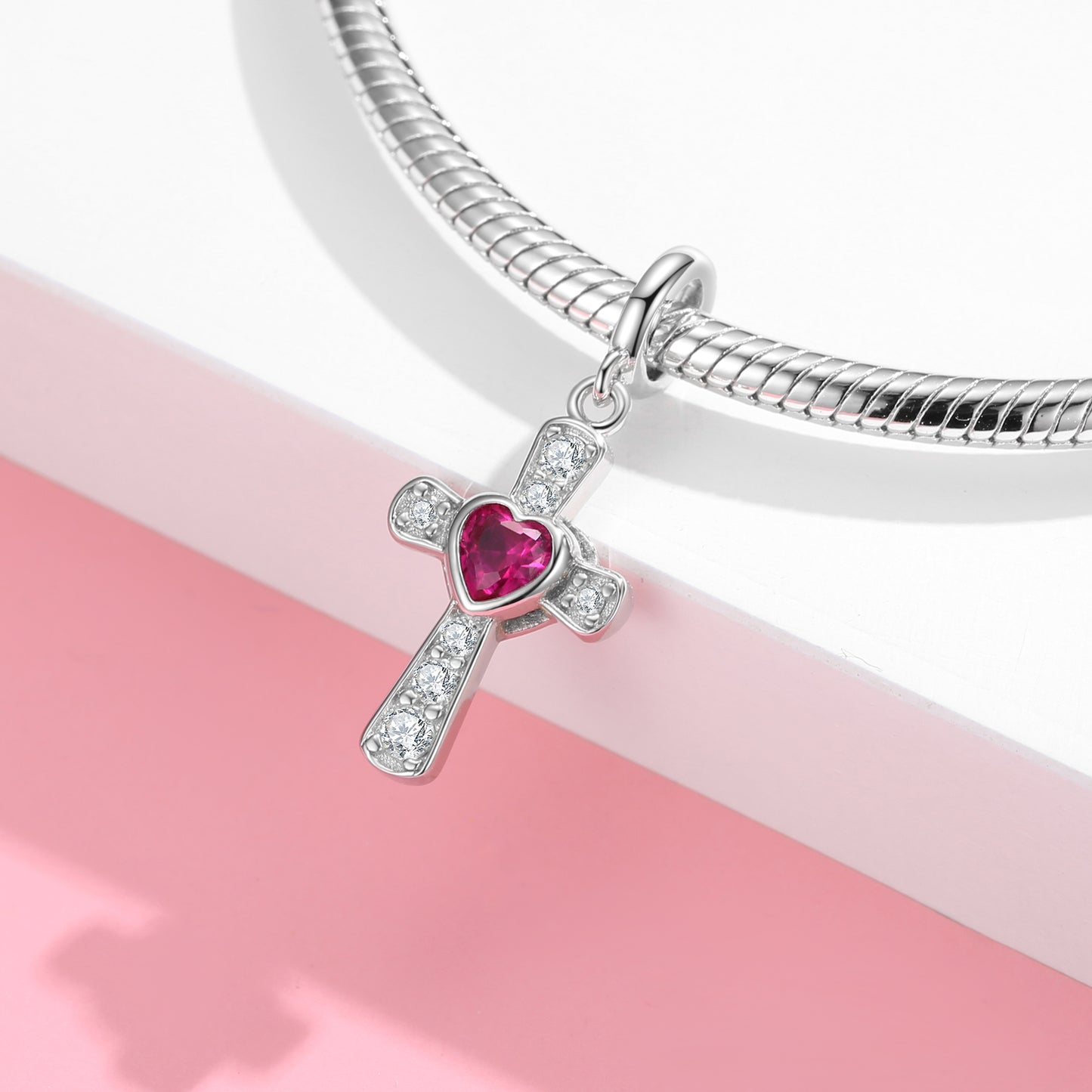 Heart Cross Charm 925 Sterling Silver Stone Pendant Bead For DIY Charm Bracelet Necklace Faith Jewelry Gift