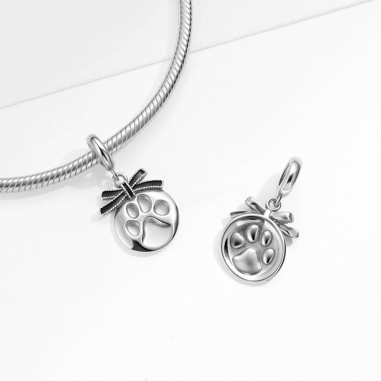 Dog Paw Bow Charm 925 Sterling Silver Pendant Bead For DIY Charm Bracelet Necklace Pet Jewelry Gift