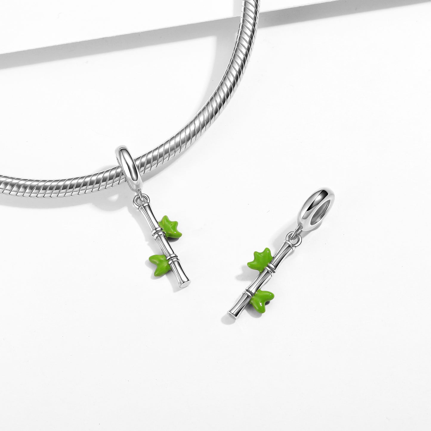 Bamboo Charm 925 Sterling Silver Green Enamel Pendant Bead For DIY Charm Bracelet Necklace Nature Jewelry Gift