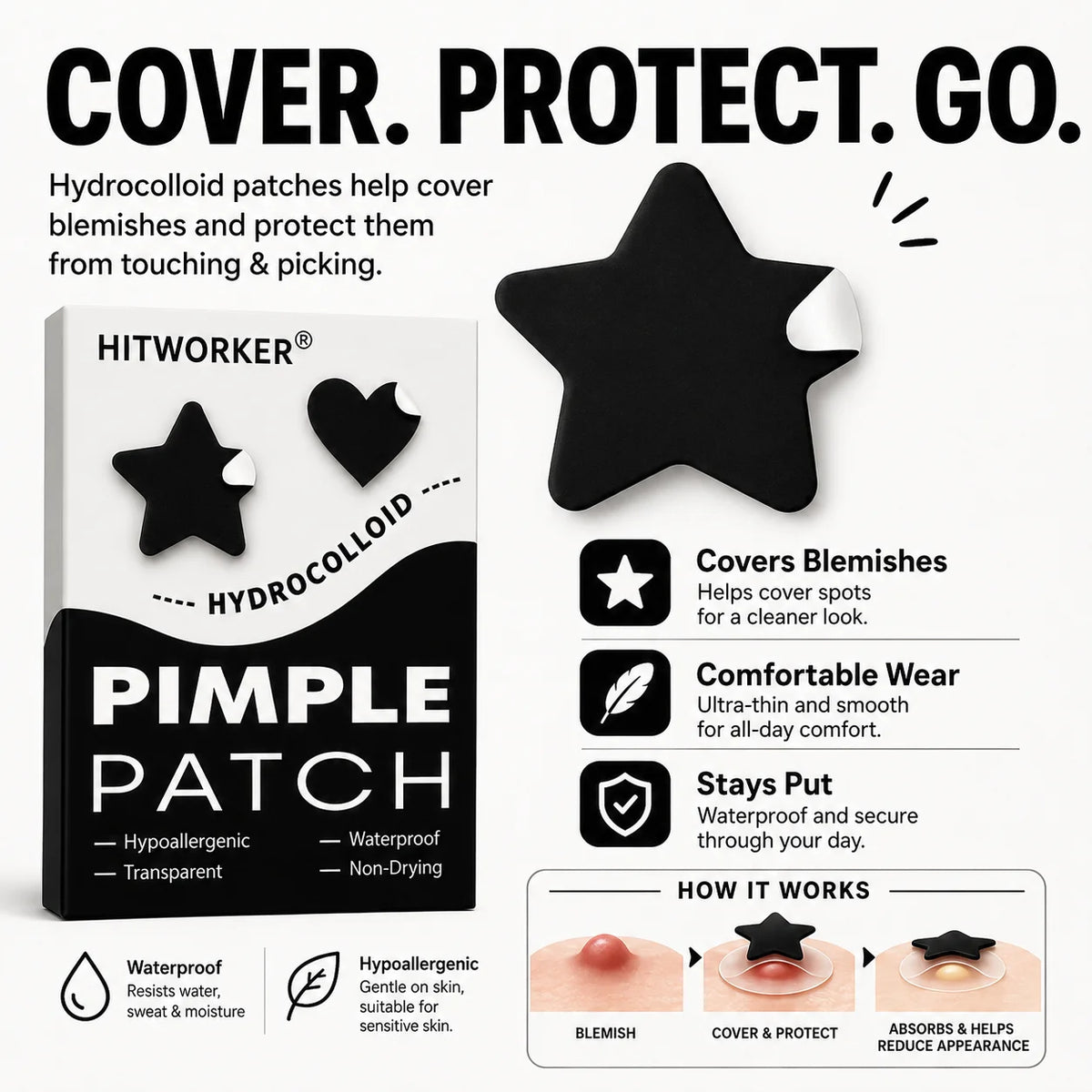 216pcs Black Star Heart Hydrocolloid Pimple Patches Cute Blemish Spot