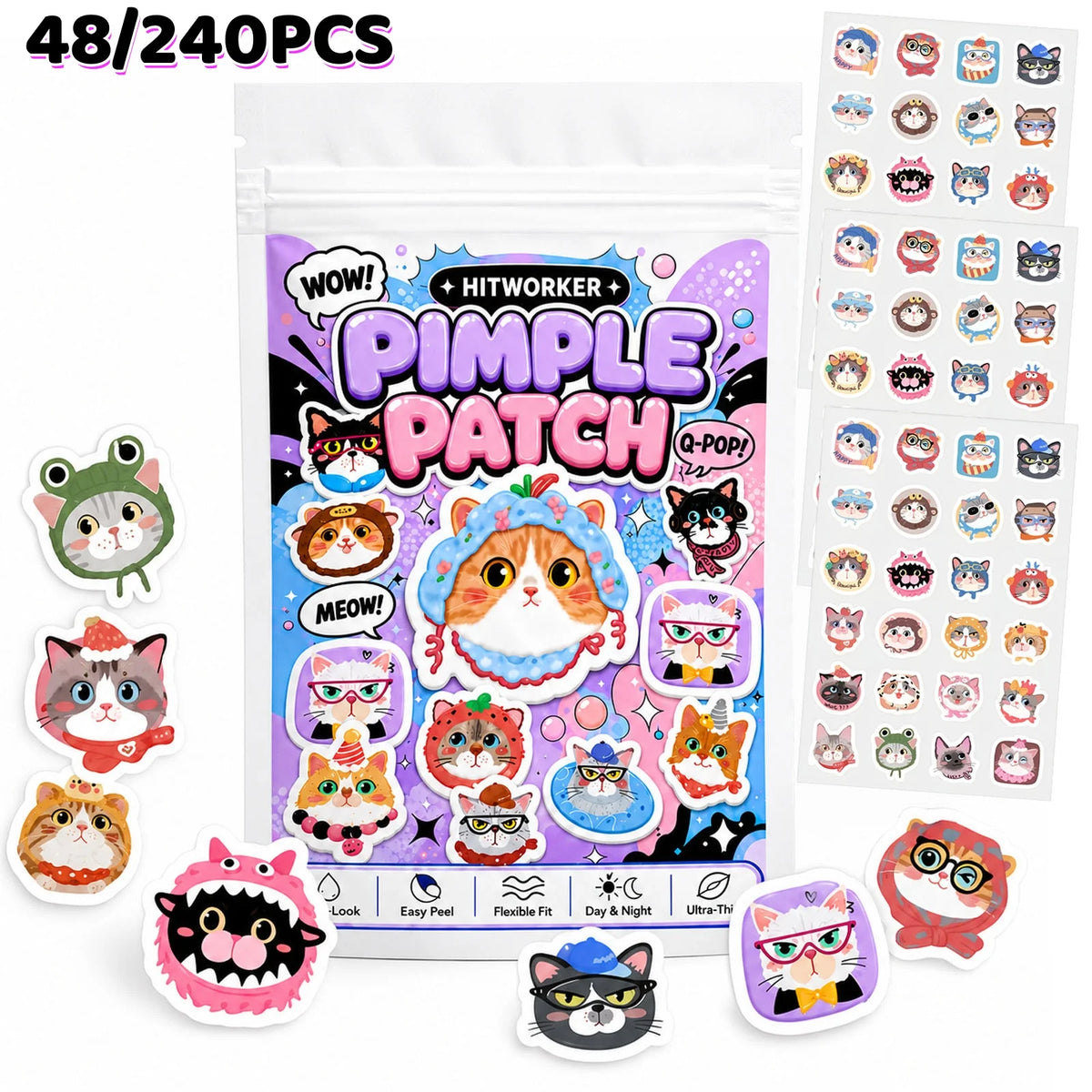 48/240pcs Cute Cat Hydrocolloid Spot Cover Patches, Cartoon Face