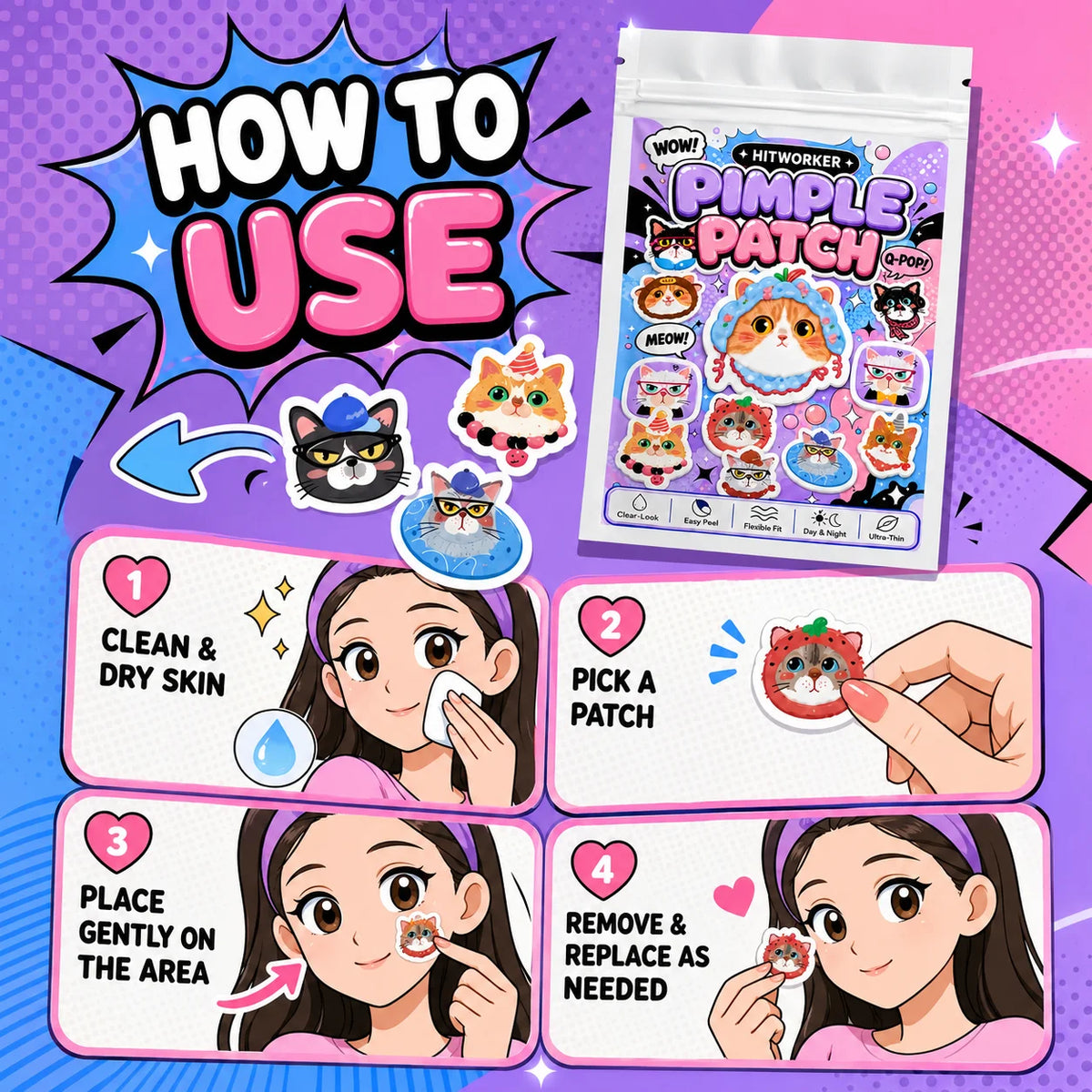 48/240pcs Cute Cat Hydrocolloid Spot Cover Patches, Cartoon Face