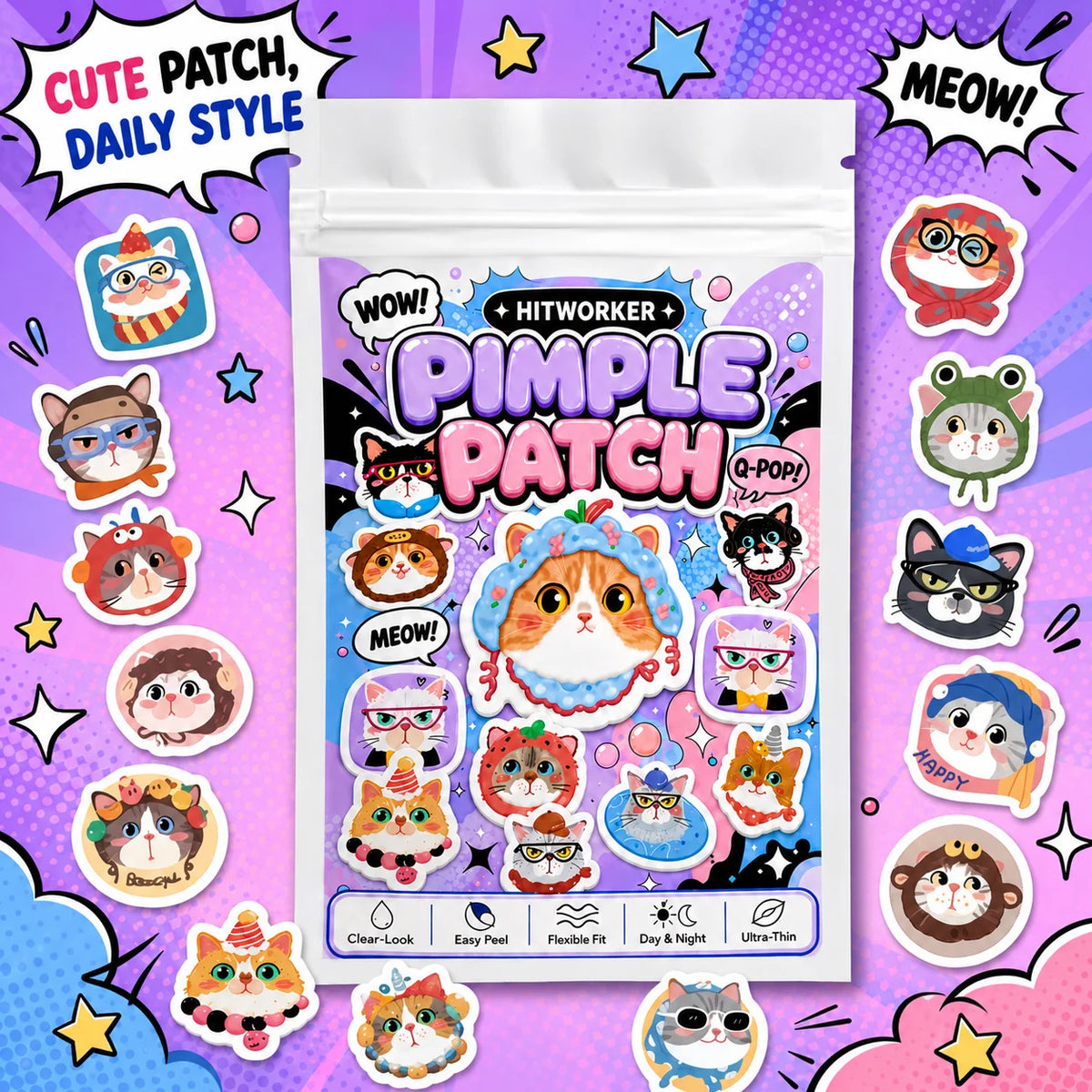48/240pcs Cute Cat Hydrocolloid Spot Cover Patches, Cartoon Face