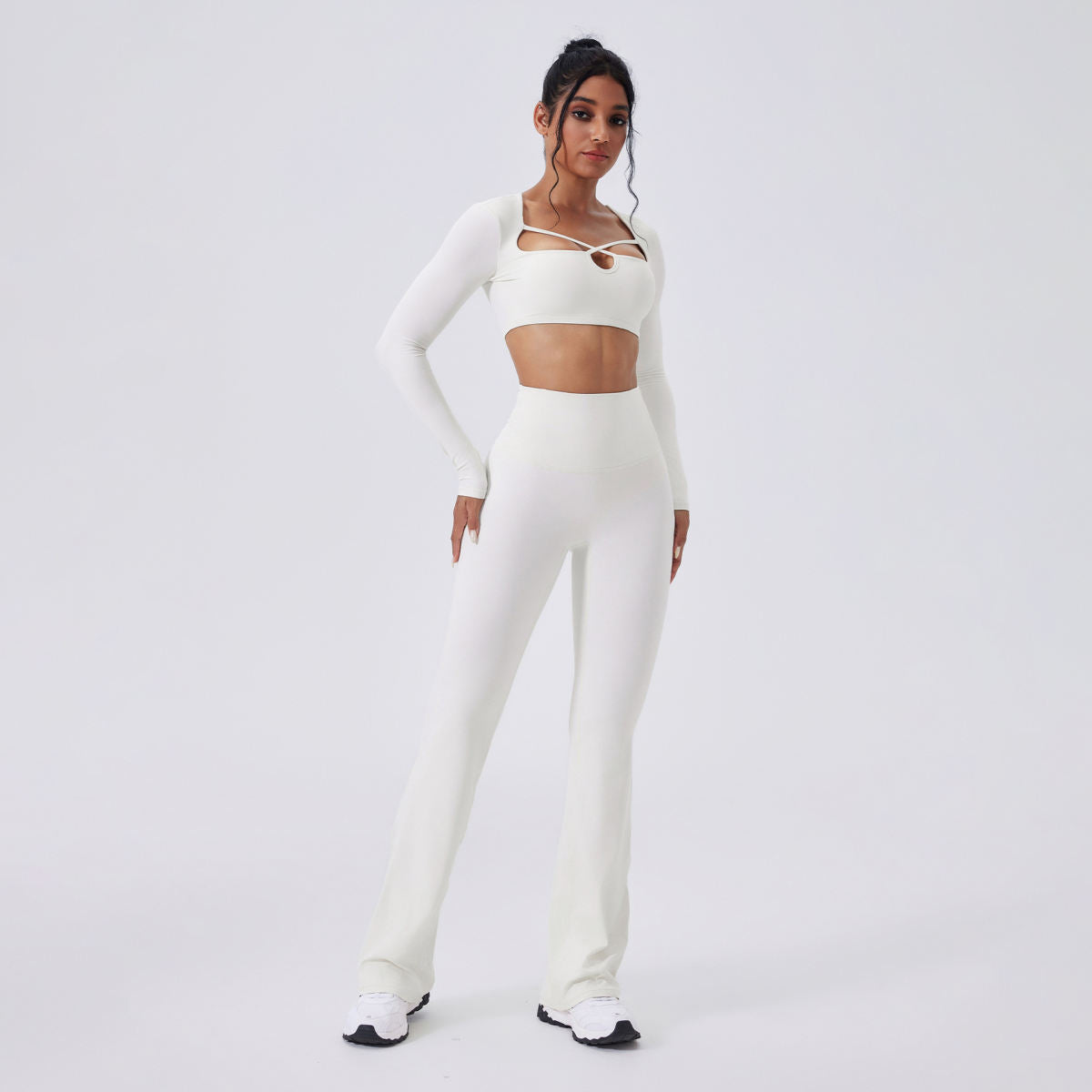 Color-blocking Yoga Hollow-out Slim-fit High-waist Flared Pants Long Sleeve Set