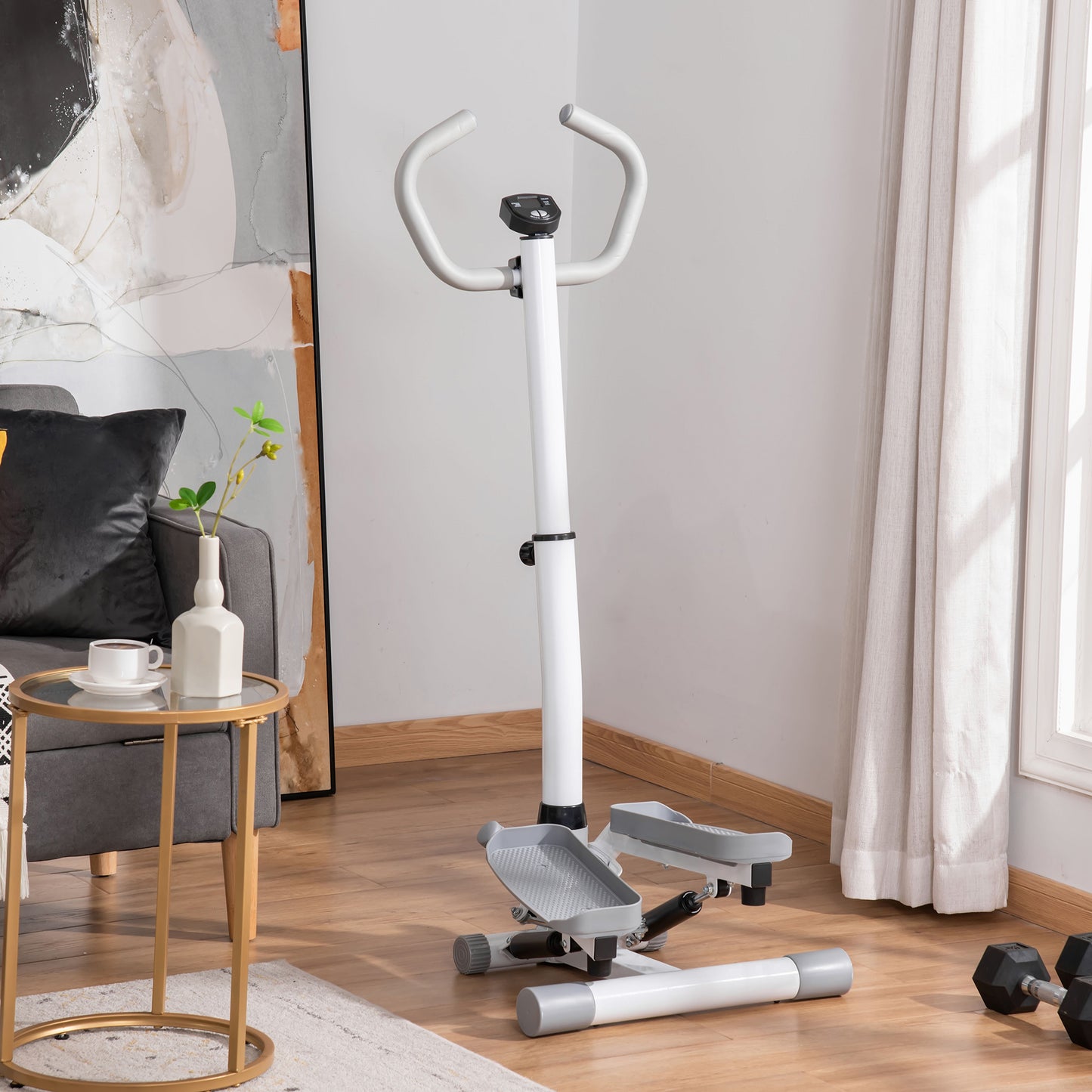 Adjustable Twist Stepper Aerobic Ab Exercise Fitness Workout Machine W/ LCD Screen, Height Adjust Handlebars For Home Gym, White And Grey
