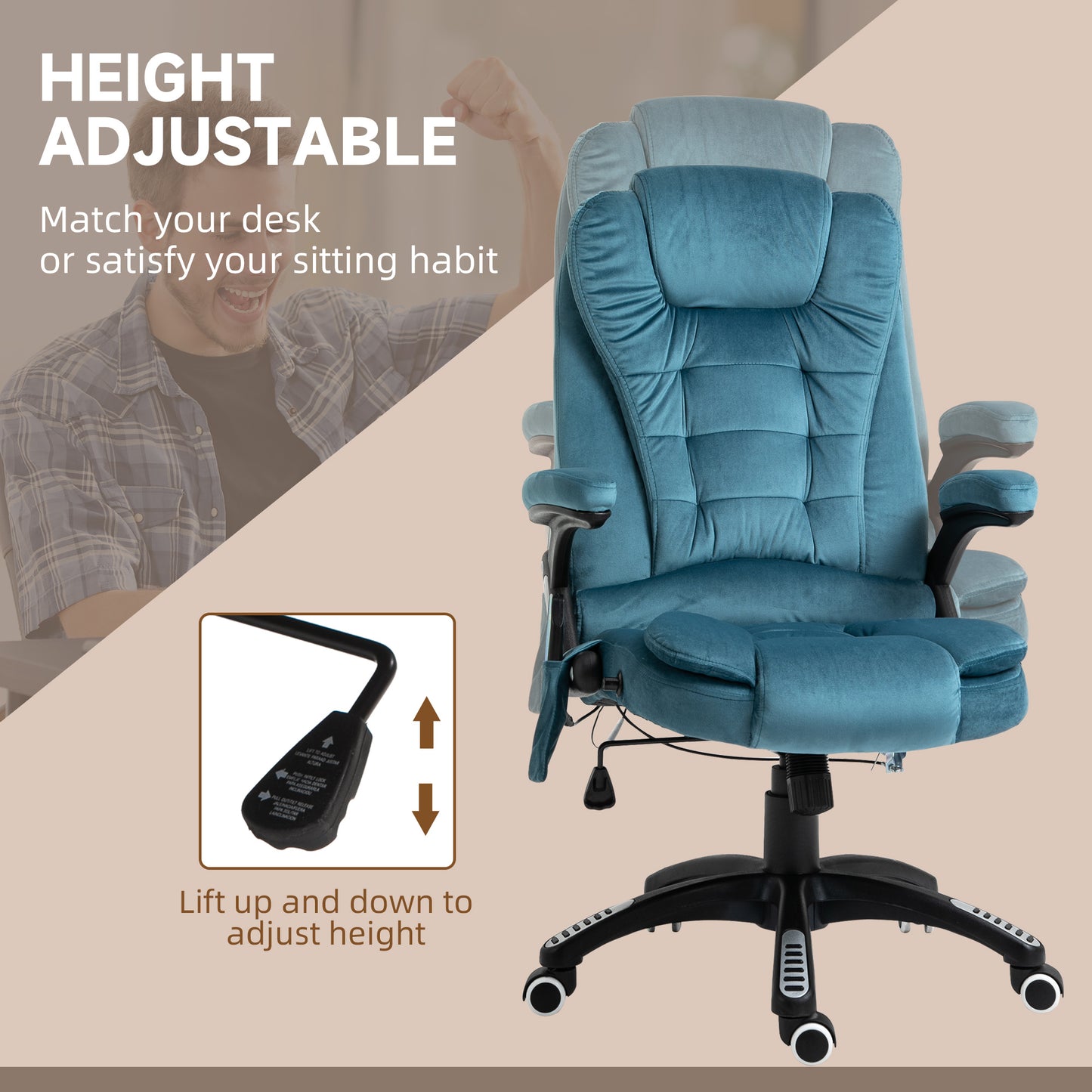 Vinsetto Massage Recliner Chair Heated Office Chair With Six Massage Points Velvet-Feel Fabric 360° Swivel Wheels Blue