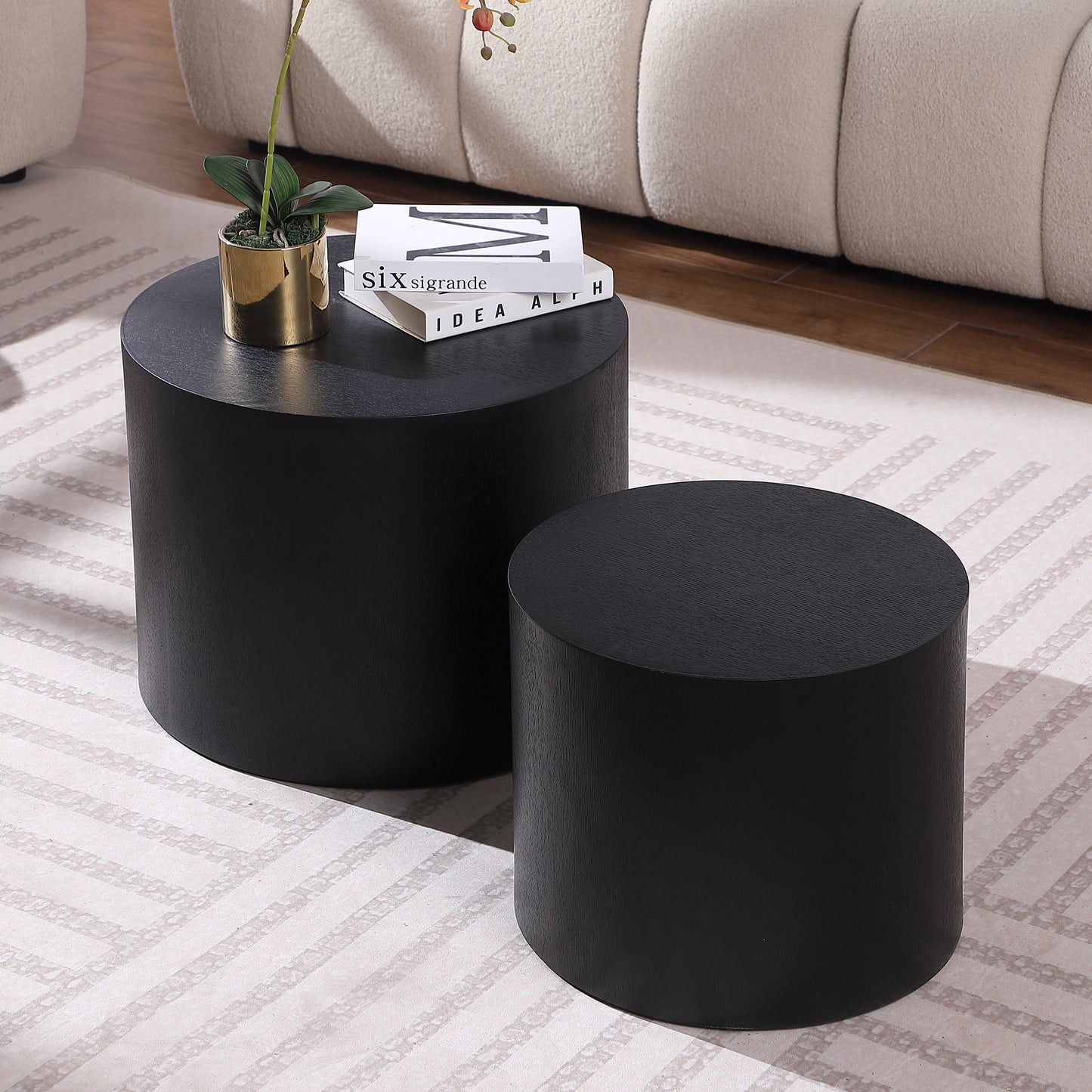 MDF With Ash Oak Walnut Veneer Side Table Coffee Table End Table Nesting Table Set Of 2 For Living Room,office,bedroom Black