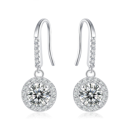 S925 Sterling Silver Moissanite Halo Dangle Earrings 0.5 Or1CT  Platinum Plated Long Hook Drop Earrings With GRA Certificate, Jewelry Gift Box Set For Women