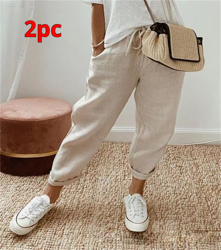 Women's Fashion Cotton Linen Solid Color Casual Pants