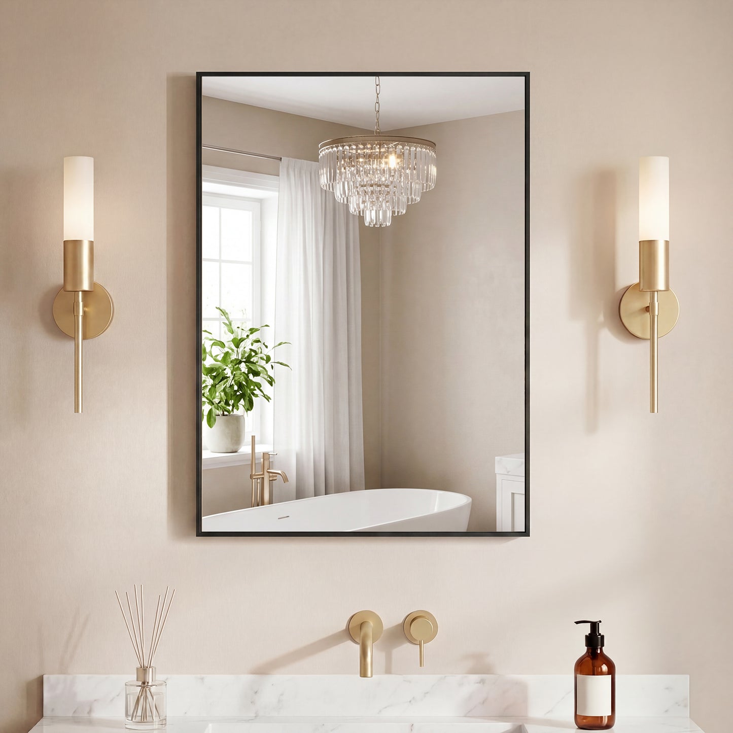 Bathroom Mirror, With Brushed Aluminum Frame, Rectangular Design, Square Corners At All Four Sides, Suitable For Wall Decoration In Home.