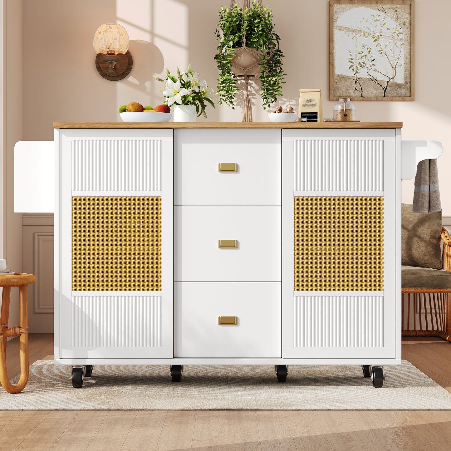 Kitchen Island, Kitchen Furniture, Kitchen Cabinet Kitchen Island Freestanding, Buffet Cabinet, 120x73 X90cm, Extendable Kitchen Trolley With Wheels, Towel Rail, Spice Rack, Adjustable Shelves, Whi