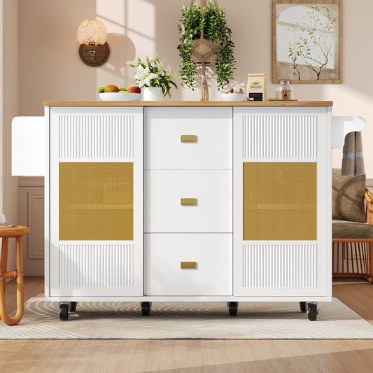 Kitchen Island, Kitchen Furniture, Kitchen Cabinet Kitchen Island Freestanding, Buffet Cabinet, 120x73 X90cm, Extendable Kitchen Trolley With Wheels, Towel Rail, Spice Rack, Adjustable Shelves, Whi