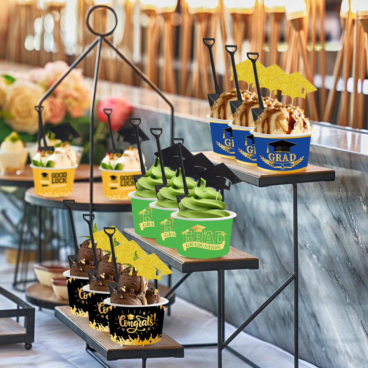 24Pieces Graduation Ice Cream Cups With Decorative Picks And Spoons Set Congrats Grad Disposable Dessert Bowls For Hot Or Cold Food 8 Oz Graduation Party Favor Paper Food Containers For Sundae Snack F