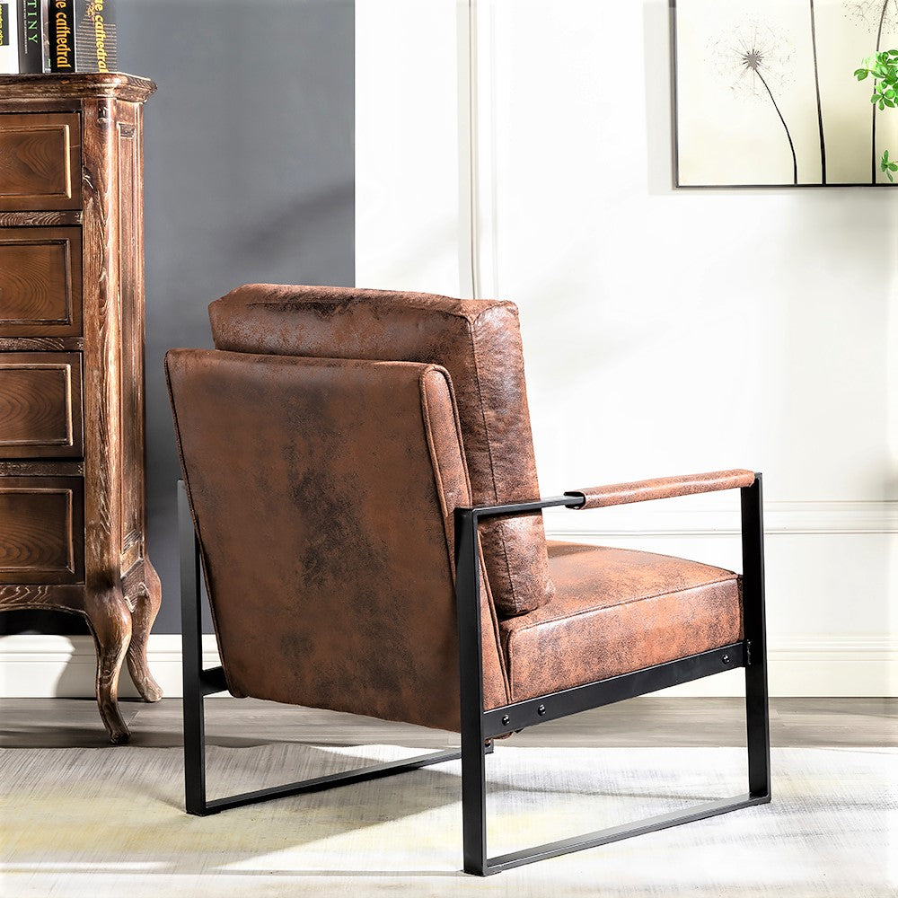 Classic Mid Century Modern Accent Chair With Durable Square Metal Frame, Armchair For Living Room, Bedroom, Home Office In Spotted Microfiber Upholstery, Brown