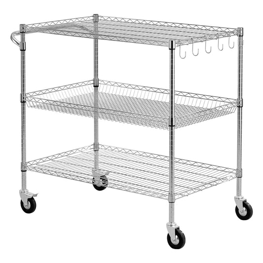 Kitchen Utility Cart, 3 Tier Heavy Duty Adjustable Wire Storage Rack, Commercial Steel Rolling Service Trolley On Wheels, Work Table With Handle Bar, For Garage And Laundry Room, 40x25x40.9 In