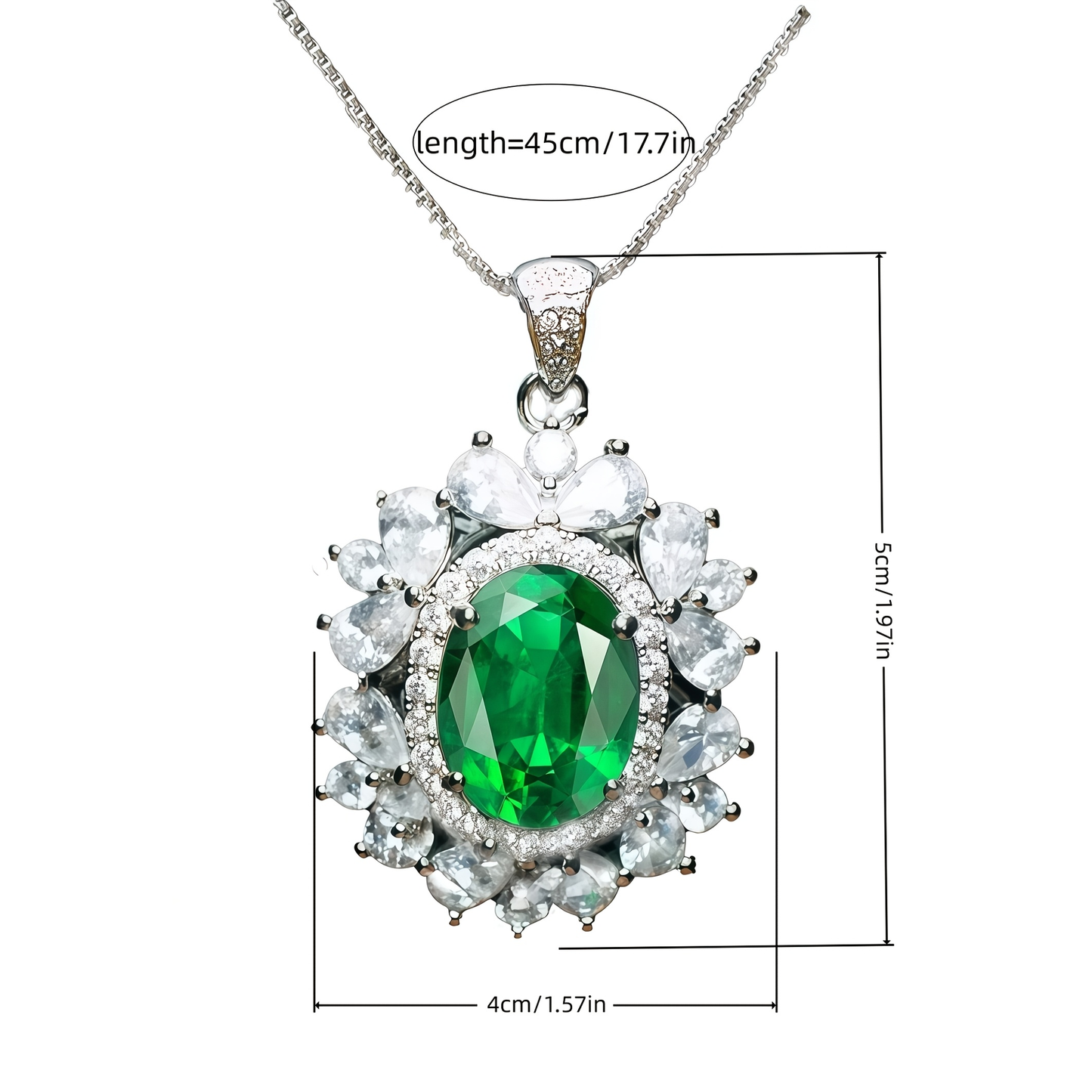 Luxury Sunburst Green Emerald Drop Necklace, Silver Plated Copper CZ Pendant For Anniversary & Formal Party Gifts