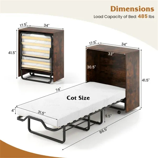 Rustic Brown Mobile Murphy Bed Cabinet 86.5' X 34' X 41.5' With Lockable Wheels, Space Saving Foldable Guest Bed With 4 Inch Foam Mattress