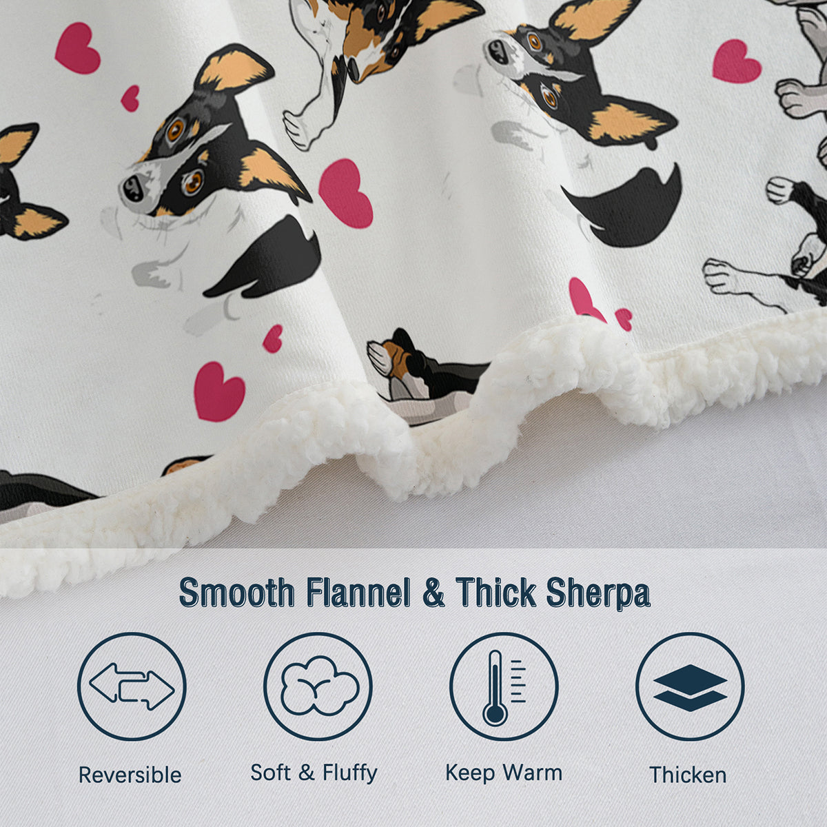 Rat Terrier Throw Blanket, Dog Lover Gift Blanket Reversible Plush Fluffy Red Heart Rescue Dog Sherpa Fleece Bedding For Kids Teens