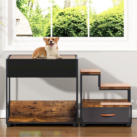 Pet Step Window Perch,Bunk Beds Window Perch For Dogs Bedside Lounge Elevated Dog Bed Multi-Level Platform With Sponge, Non-Slip Pad And Storage,Vintage