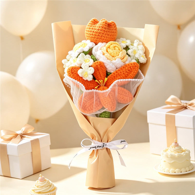 Handmade Crocheted Flower Bouquet, Orange Tulips And Lilies Matched With Roses And Tiny White Blossoms, Soft Yarn Everlasting Knitted Bouquet, Indoor Home Decorative Ornament